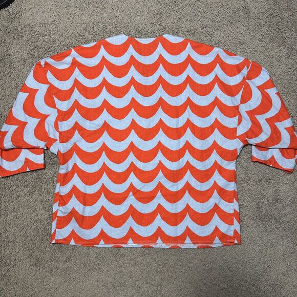 Uniqlo x Marimekko Linen Cotton Blue Orange Scallop Stripe 3/4 Sleeve Blouse, XS - Picture 6 of 8